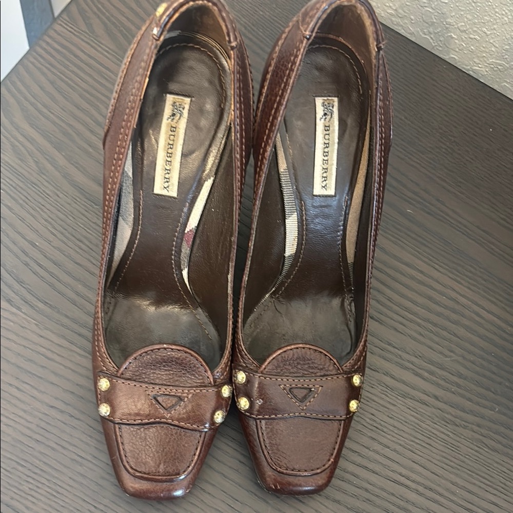 Burberry Brown Leather Studded Penny Loafer Heels - Picture 2 of 9